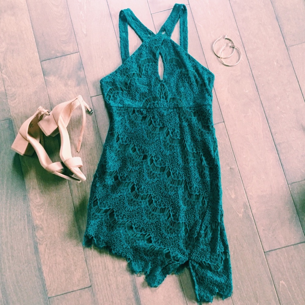 Free People Teal Lace Asymmetrical Dress - Size XS
